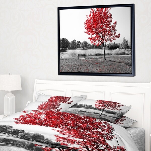 Designart 'Red Tree over Park Bench' Landscape Framed Canvas Art Print