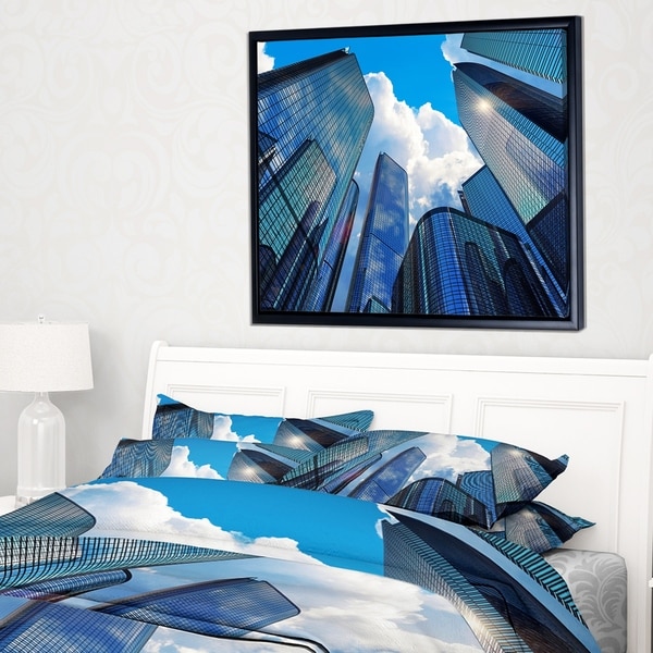 Designart 'Elevated Business Buildings' Cityscape Framed Canvas Art Print