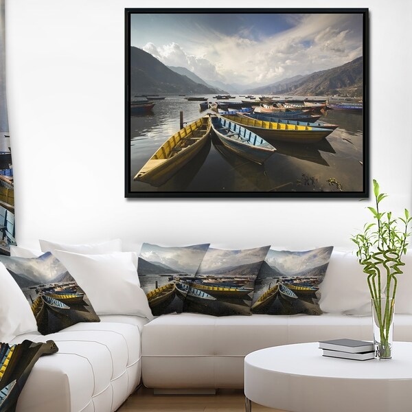 Designart 'Pokhara Lakeside Boats' Boat Framed Canvas Art Print