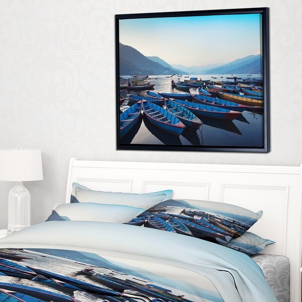 Designart 'Blue Wooden Boats in Lake' Boat Framed Canvas Art Print