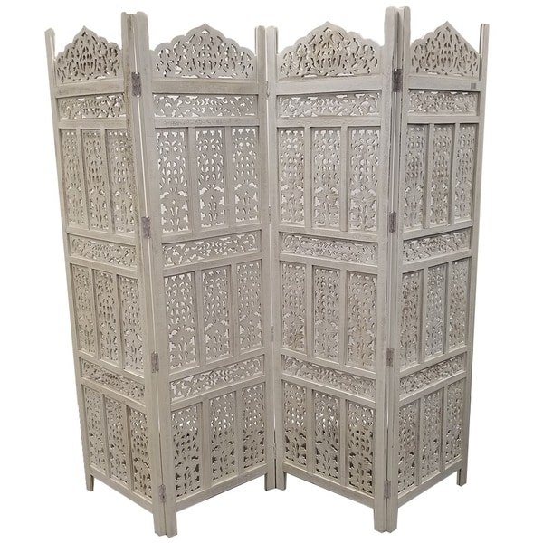 Aesthetically Carved 4 Panel Wooden Parion Screen Room Aesthetically Carved 4 Panel Wooden Parion Screen Room Divider Antique White