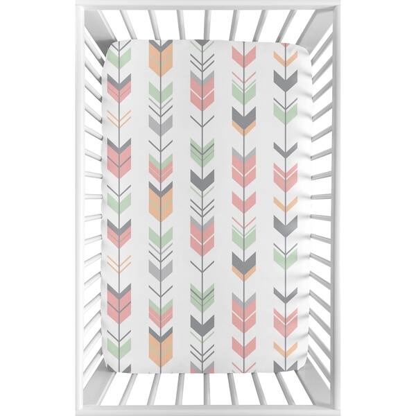 slide 2 of 3, Sweet Jojo Designs Coral, Grey and Mint Mod Arrow Collection Fitted Mini Portable Crib Sheet