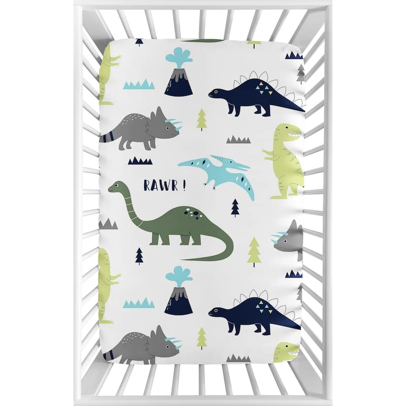 Sweet Jojo Designs Navy Blue, Turquoise and Grey Dinosaur Mod Dino Collection Fitted Mini Portable Crib Sheet
