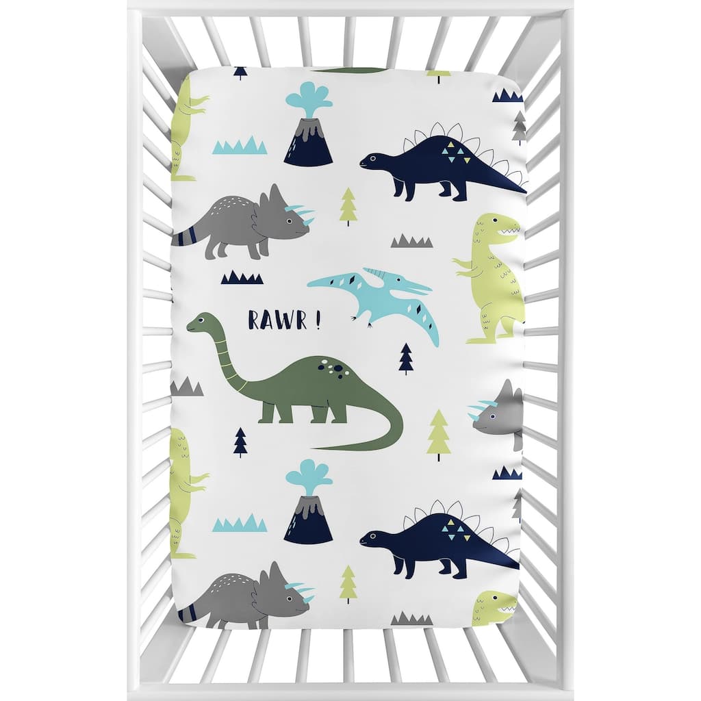 Sweet Jojo Designs Navy Blue, Turquoise and Grey Dinosaur Mod Dino Collection Fitted Mini Portable Crib Sheet