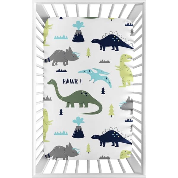 slide 2 of 3, Sweet Jojo Designs Navy Blue, Turquoise and Grey Dinosaur Mod Dino Collection Fitted Mini Portable Crib Sheet