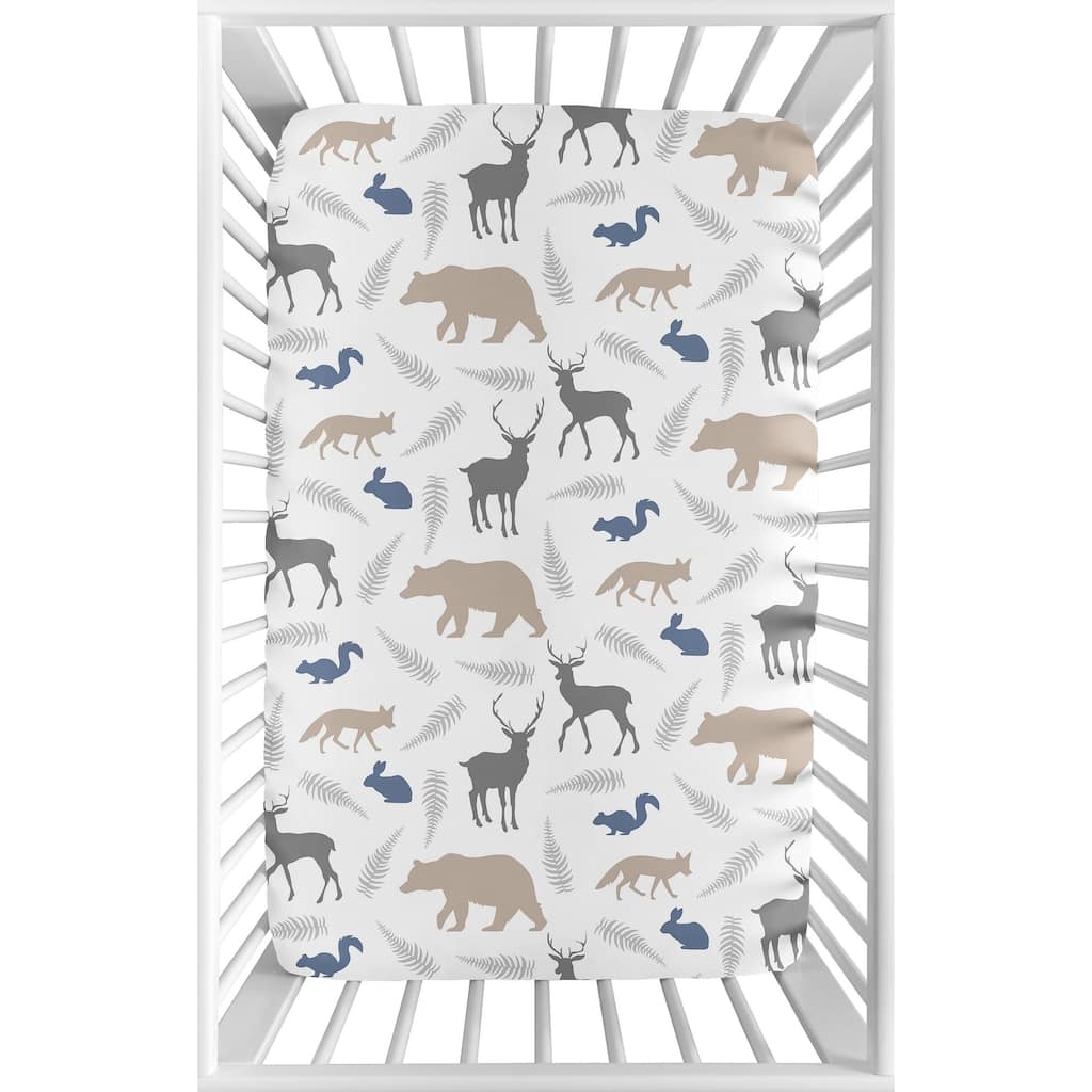 Sweet Jojo Designs Grey and Blue Woodland Animals Collection Fitted Mini Portable Crib Sheet