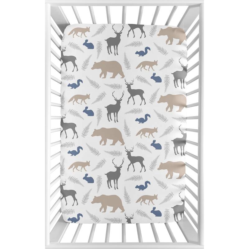 Sweet Jojo Designs Grey and Blue Woodland Animals Collection Fitted Mini Portable Crib Sheet