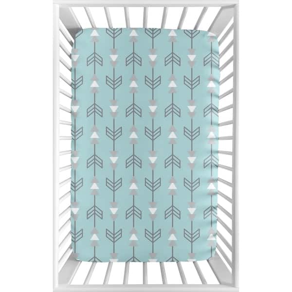 slide 2 of 3, Sweet Jojo Designs Turquoise Blue and Grey Arrow Earth and Sky Collection Fitted Mini Portable Crib Sheet