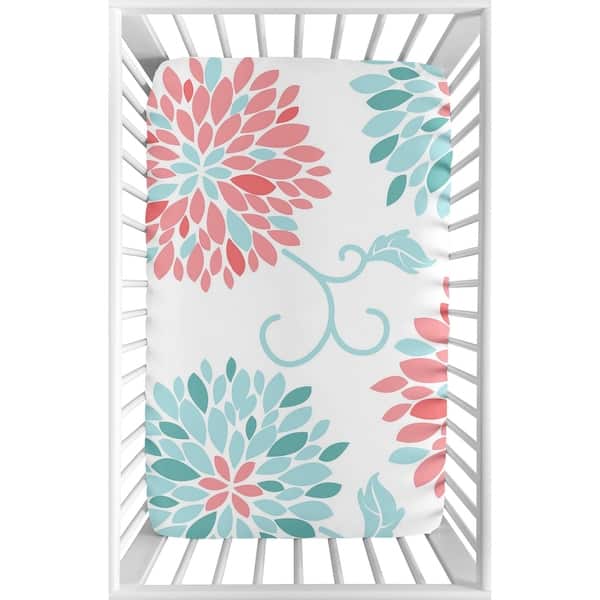 slide 2 of 3, Sweet Jojo Designs Turquoise Blue and Coral Floral Emma Collection Fitted Mini Portable Crib Sheet