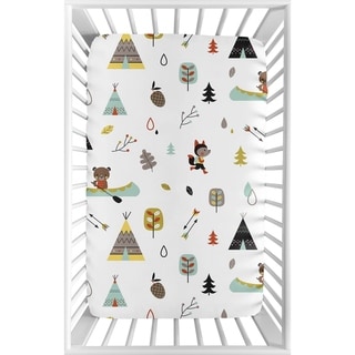 Sweet Jojo Designs Stone and Aqua Woodland Animals Outdoor Adventure Collection Fitted Mini Portable Crib Sheet