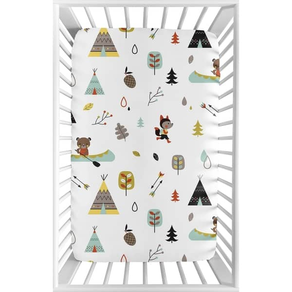 slide 2 of 3, Sweet Jojo Designs Stone and Aqua Woodland Animals Outdoor Adventure Collection Fitted Mini Portable Crib Sheet