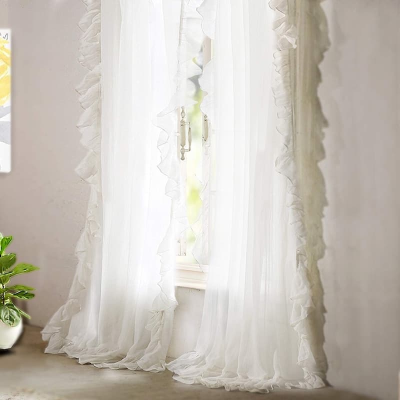 DriftAway Sophie Sheer Voile Ruffle edge Window Curtain Panel Pair - 52" width x 84 " length - Off-White