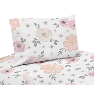 Sweet Jojo Designs Blush Pink, Grey and White Watercolor Floral Collection 4-piece Queen Bed Sheet Set