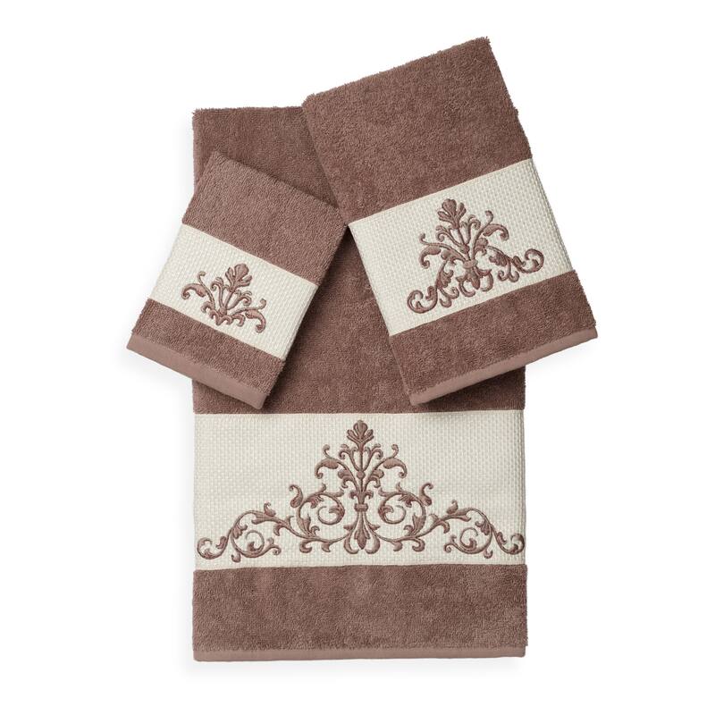 Authentic Hotel and Spa Turkish Cotton Scrollwork Embroidered 3 piece Towel Set - Latte