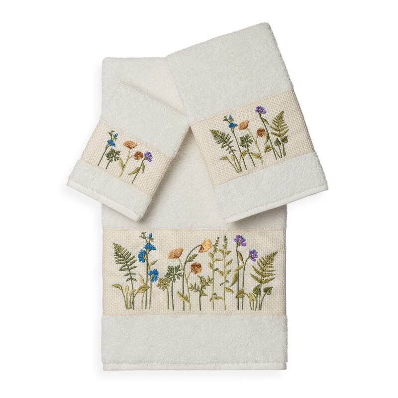 Authentic Hotel and Spa Turkish Cotton Wildflowers Embroidered 3 piece Towel Set - Cream