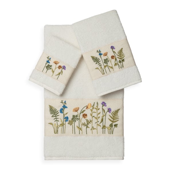 Authentic Hotel and Spa Turkish Cotton Wildflowers Embroidered 3 piece Towel Set - Cream