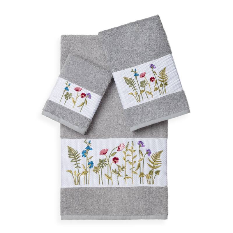 Authentic Hotel and Spa Turkish Cotton Wildflowers Embroidered 3 piece Towel Set - Grey