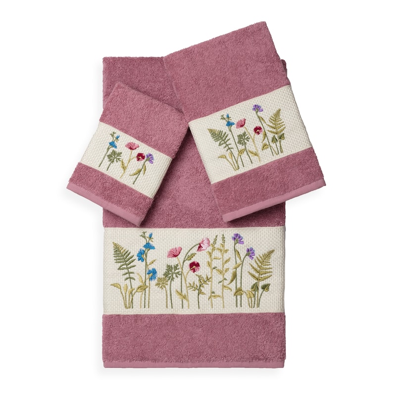 Authentic Hotel and Spa Turkish Cotton Wildflowers Embroidered 3 piece Towel Set - Rose
