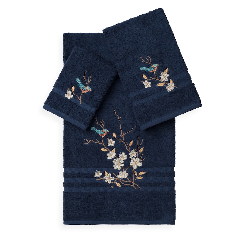 Authentic Hotel and Spa Turkish Cotton Blue Bird Embroidered 3 piece Towel Set - Navy Blue