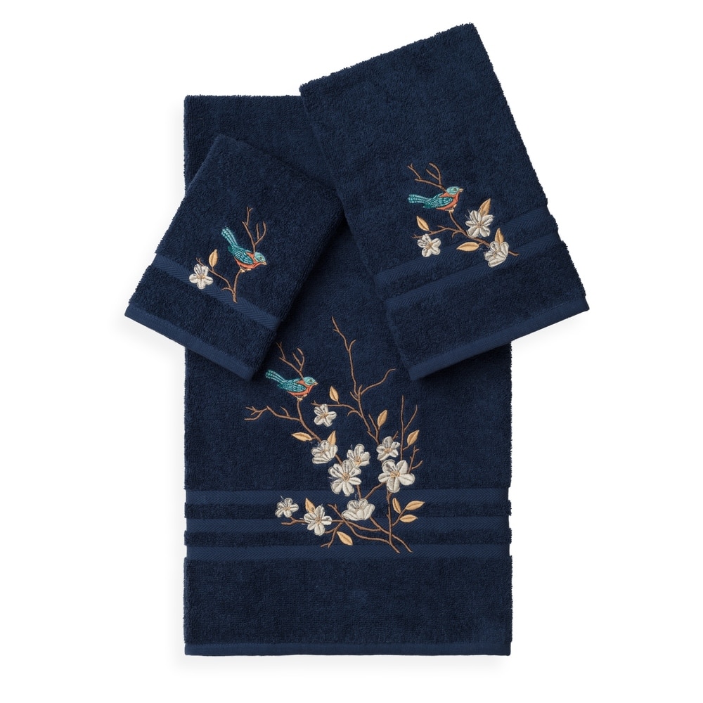Authentic Hotel and Spa Turkish Cotton Blue Bird Embroidered 3 piece Towel Set