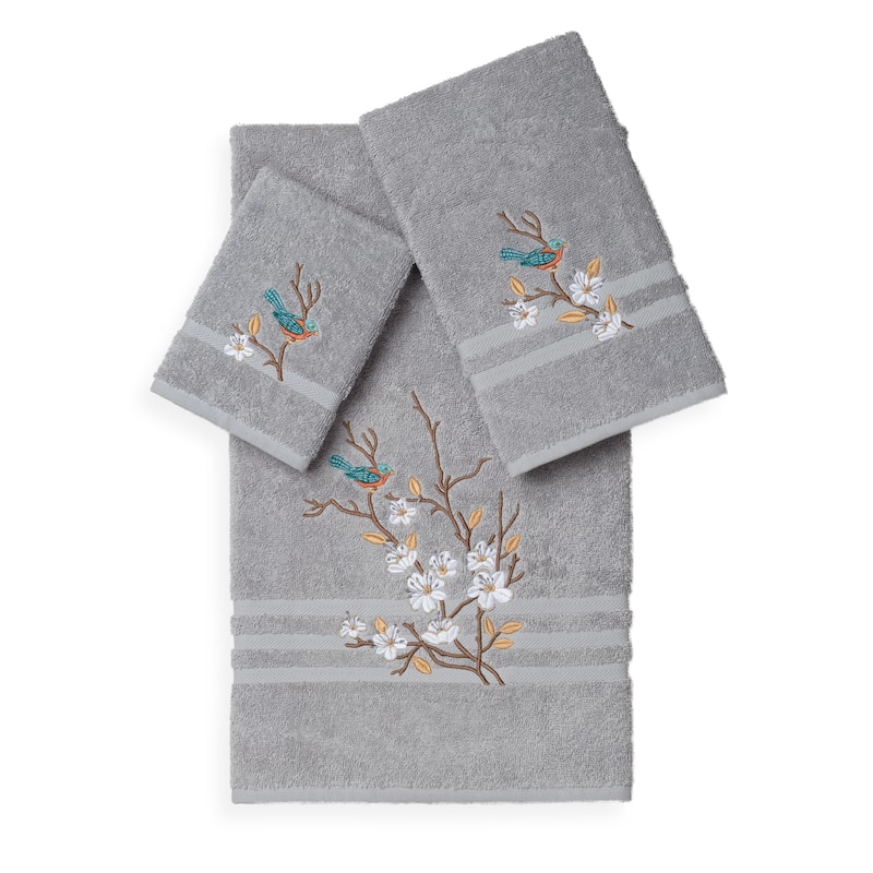 Authentic Hotel and Spa Turkish Cotton Blue Bird Embroidered 3 piece Towel Set - Grey