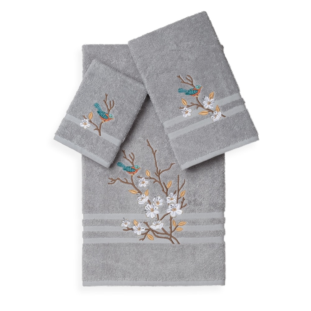 Authentic Hotel and Spa Turkish Cotton Blue Bird Embroidered 3 piece Towel Set