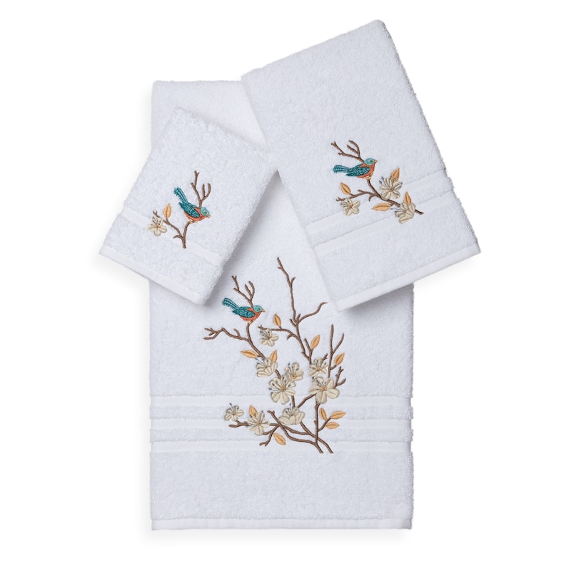 Authentic Hotel and Spa Turkish Cotton Blue Bird Embroidered 3 piece Towel Set - White