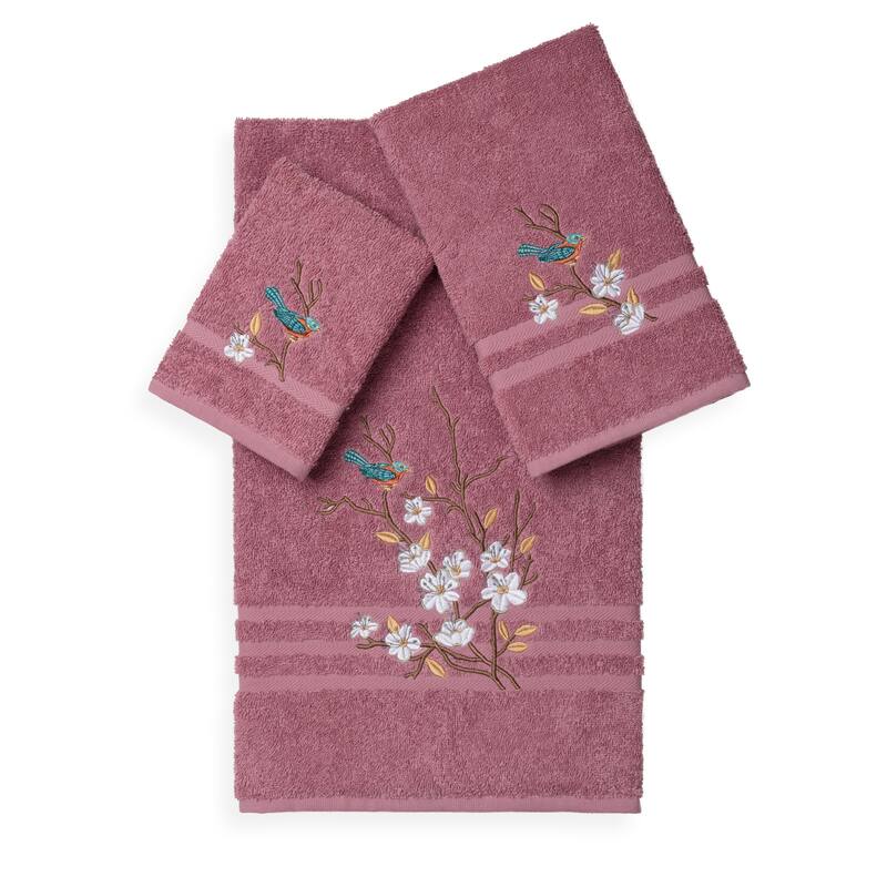 Authentic Hotel and Spa Turkish Cotton Blue Bird Embroidered 3 piece Towel Set - Rose