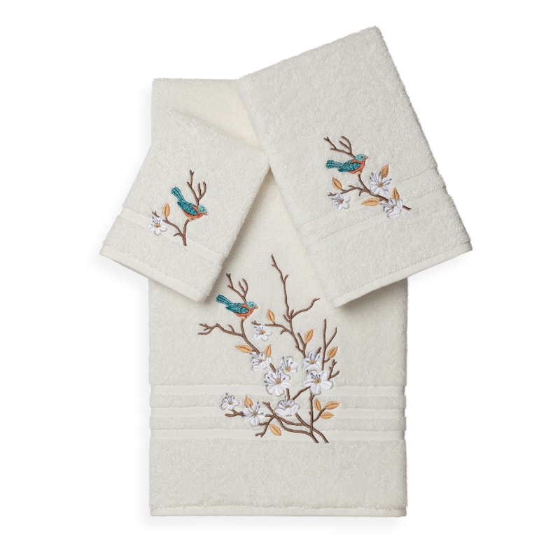 Authentic Hotel and Spa Turkish Cotton Blue Bird Embroidered 3 piece Towel Set - Cream