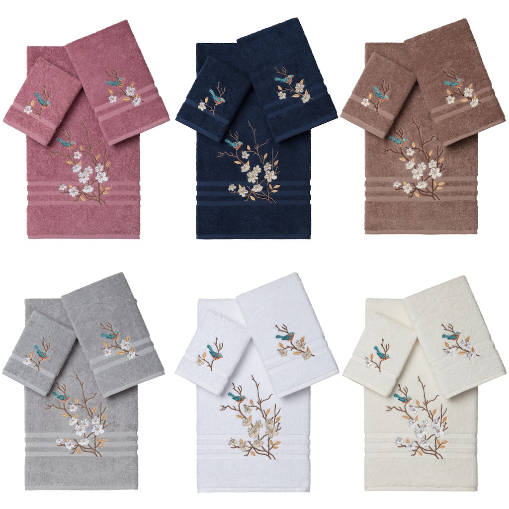 Authentic Hotel and Spa Turkish Cotton Blue Bird Embroidered 3 piece Towel Set