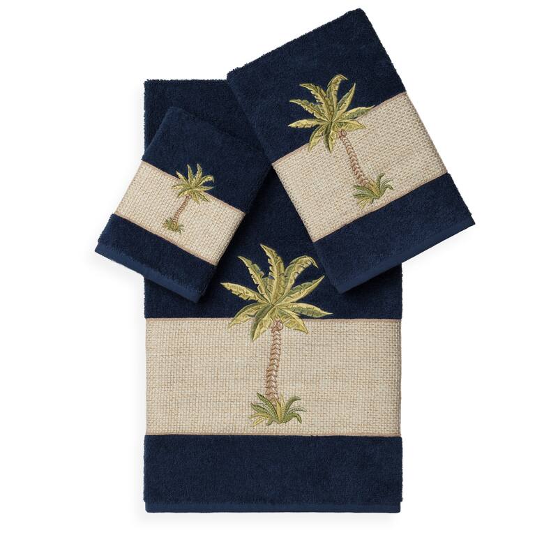 Authentic Hotel and Spa Turkish Cotton Palm Tree Embroidered 3 piece Towel Set - Navy Blue