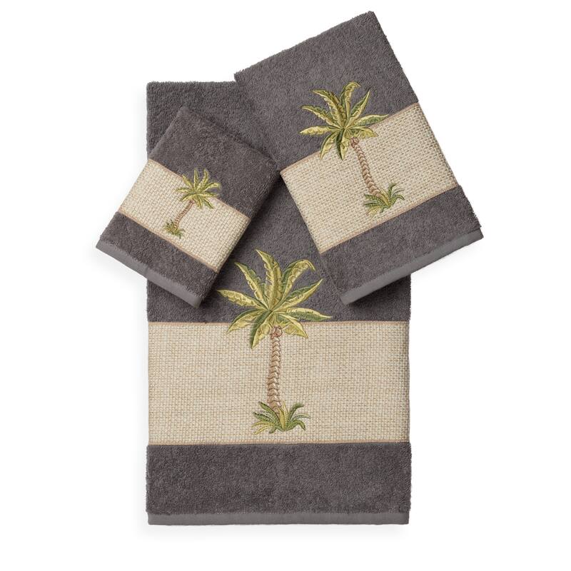 Authentic Hotel and Spa Turkish Cotton Palm Tree Embroidered 3 piece Towel Set - Charcoal