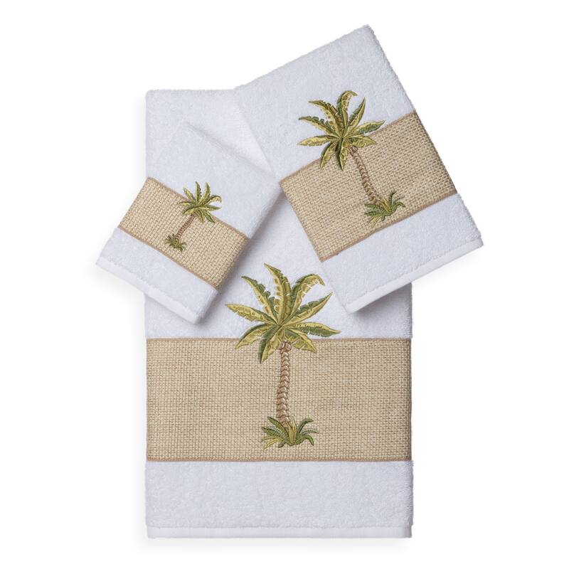 Authentic Hotel and Spa Turkish Cotton Palm Tree Embroidered 3 piece Towel Set - White