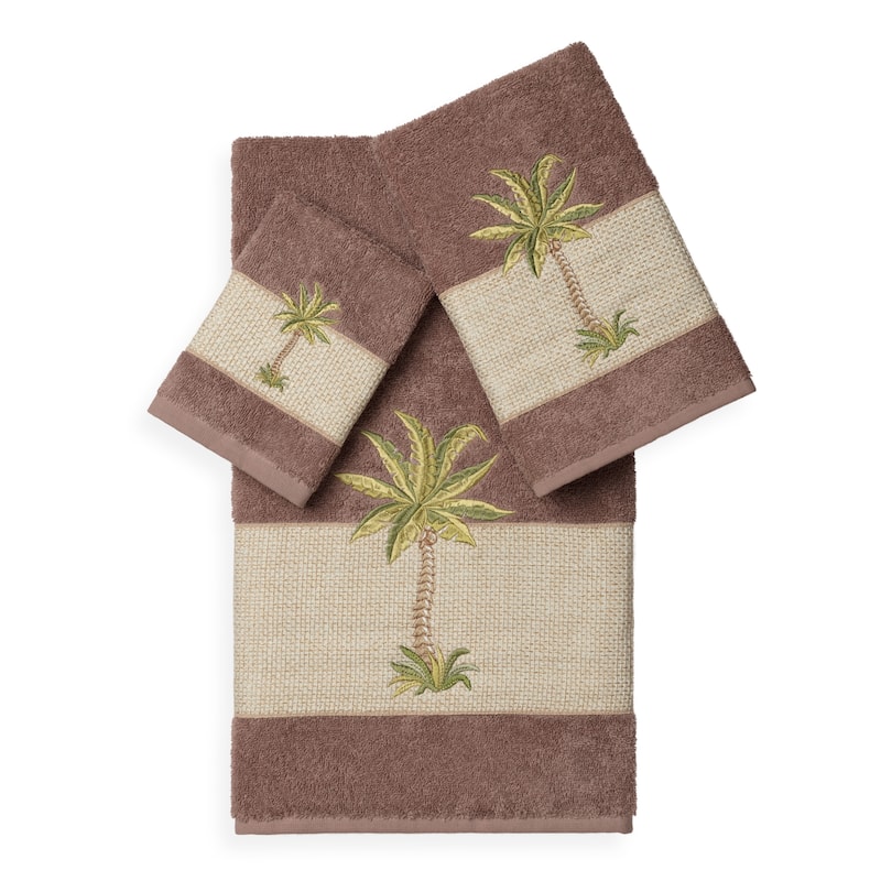 Authentic Hotel and Spa Turkish Cotton Palm Tree Embroidered 3 piece Towel Set - Latte
