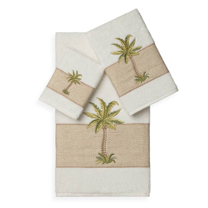 Authentic Hotel and Spa Turkish Cotton Palm Tree Embroidered 3 piece Towel Set - Cream