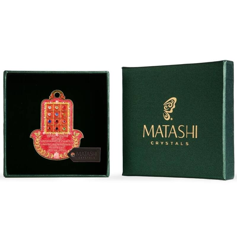 Matashi Judaica Hamsa Shaped Home Blessing Hanging Wall Ornament w/ Matashi Crystals - Choose English or Hebrew