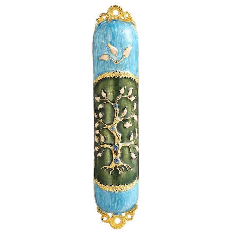 Hand Painted Enamel Mezuzah Embellished with a Tree of Life Design with ...