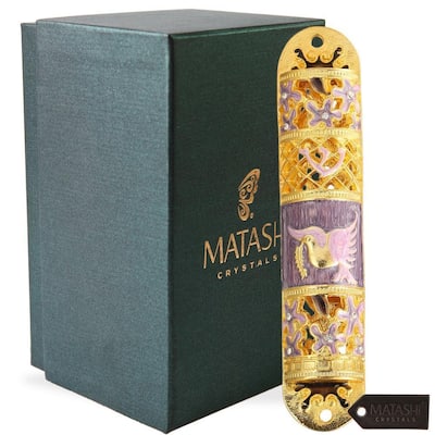 Hand Painted Enamel Mezuzah Embellished with a Floral Design with Gold Accents and High Quality Crystals by Matashi