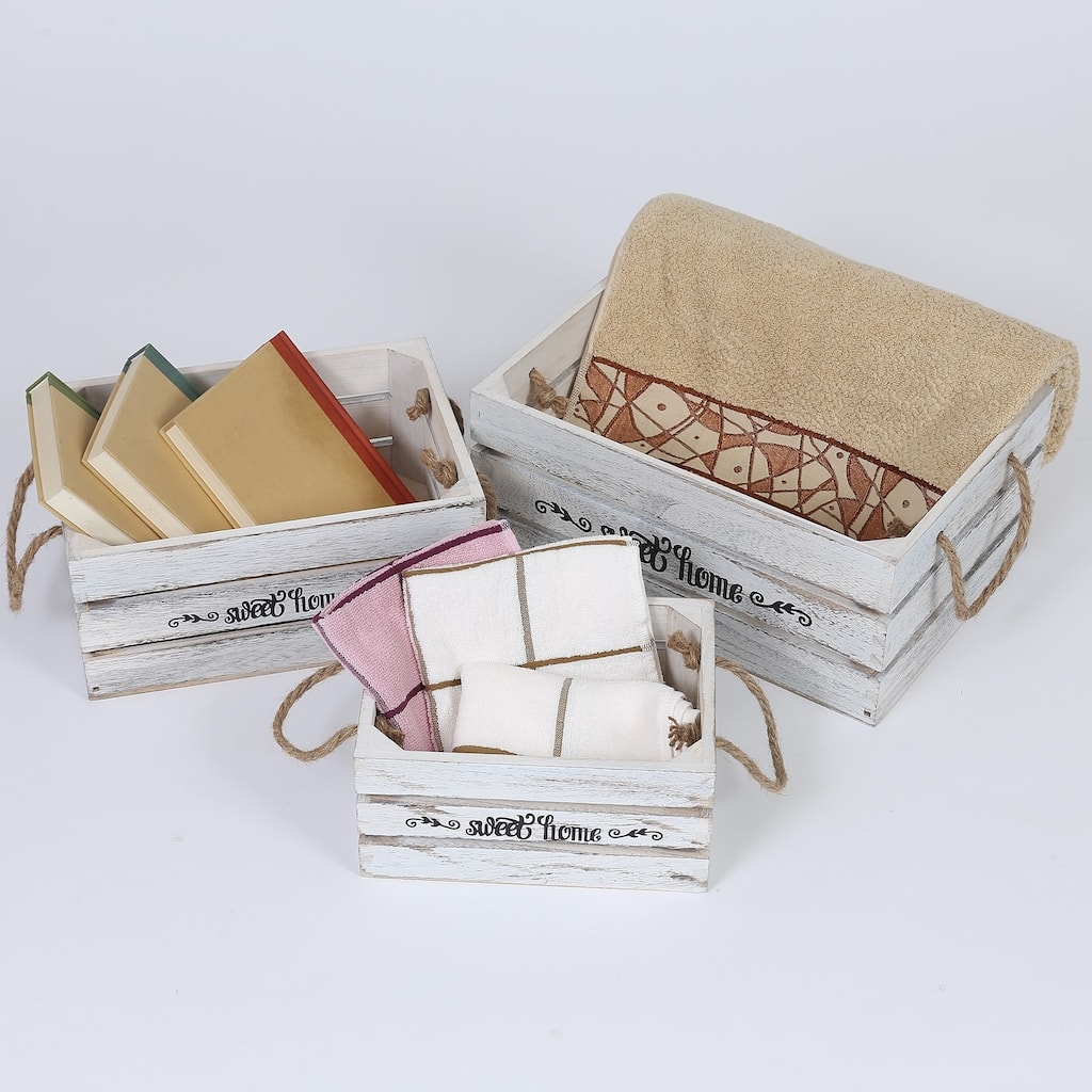 Set of 3 "Sweet Home" Wood Crates w/ Rope Handles