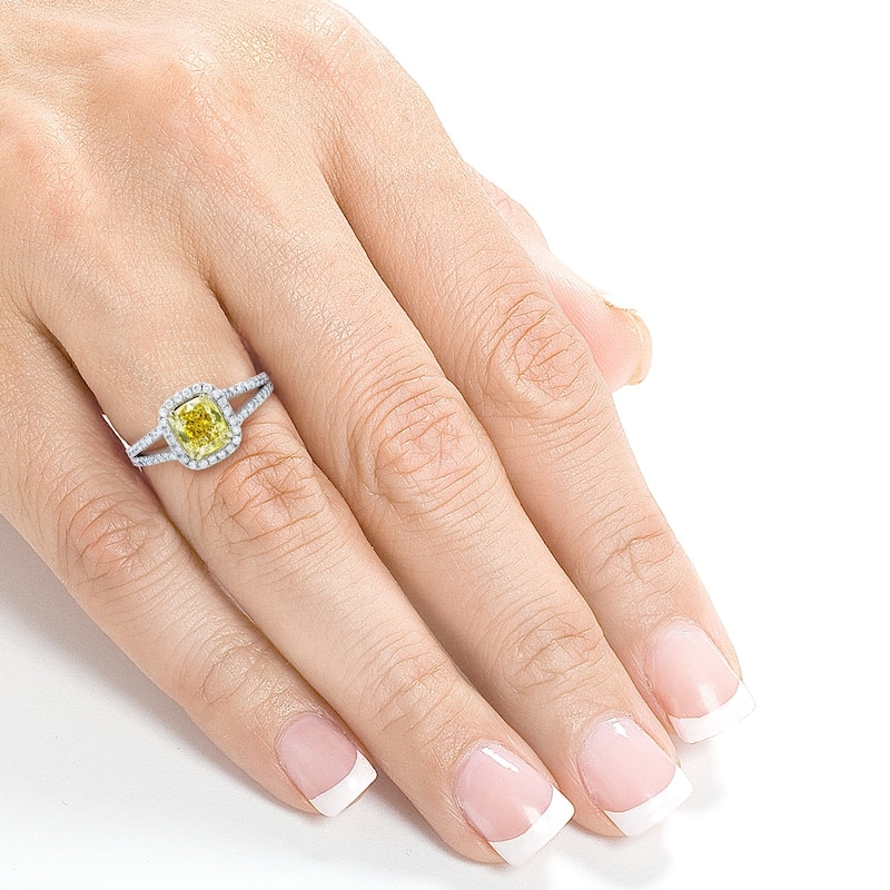 Kobelli 1.62 Carat Fancy Vivid Yellow Diamond GIA Certified 18k Solid Gold Cushion Halo Split Shank Judith Ring