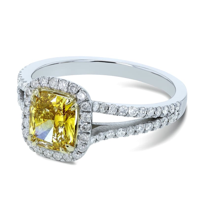 Kobelli 1.62 Carat Fancy Vivid Yellow Diamond GIA Certified 18k Solid Gold Cushion Halo Split Shank Judith Ring