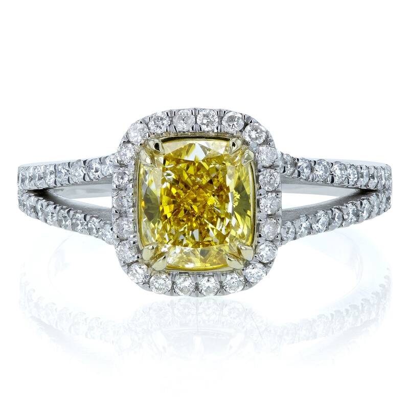 Kobelli 1.62 Carat Fancy Vivid Yellow Diamond GIA Certified 18k Solid Gold Cushion Halo Split Shank Judith Ring