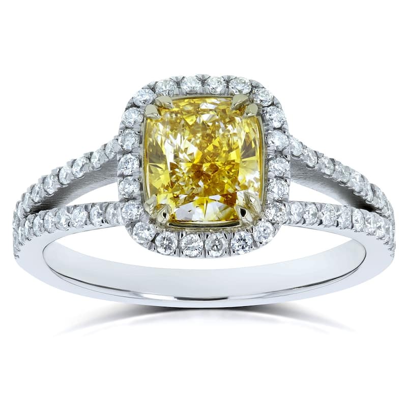 Kobelli 1.62 Carat Fancy Vivid Yellow Diamond GIA Certified 18k Solid Gold Cushion Halo Split Shank Judith Ring