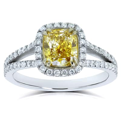 Kobelli 1.62 Carat Fancy Vivid Yellow Diamond GIA Certified 18k Solid Gold Cushion Halo Split Shank Judith Ring