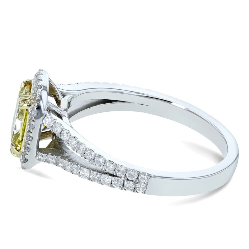 Kobelli 1.62 Carat Fancy Vivid Yellow Diamond GIA Certified 18k Solid Gold Cushion Halo Split Shank Judith Ring