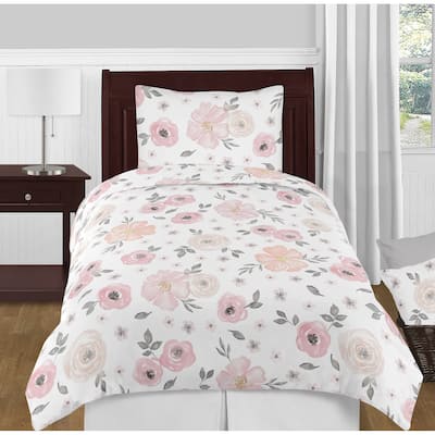 Sweet Jojo Designs Blush Pink, Grey and White Chic Watercolor Floral Collection Girl 4-piece Twin-size Comforter Set