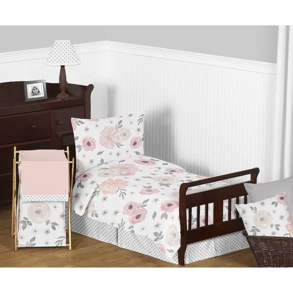 slide 2 of 5, Sweet Jojo Designs Blush Pink, Grey and White Chic Watercolor Floral Collection Girl 5-piece Toddler-size Comforter Set