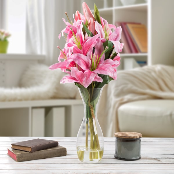 Tall Lily Artificial Silk Floral Arrangement with Vase and Faux Water- Pure Garden (Pink)