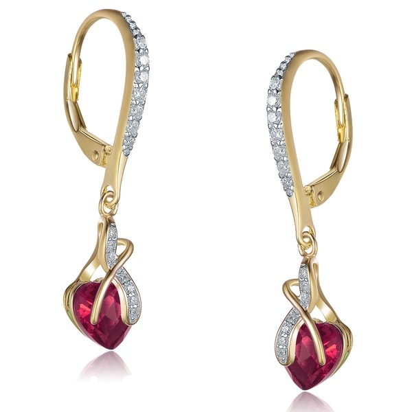 925 Sterling Silver /& Gold-tone CZ /& Red Stone Dangle Post Earrings
