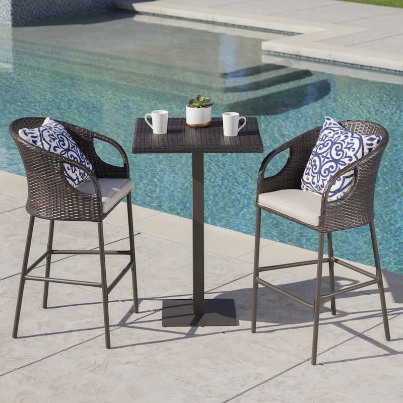 Dominica Outdoor 3-piece Wicker 40-inch Square Bar Set with Cushions by Christopher Knight Home - Brown